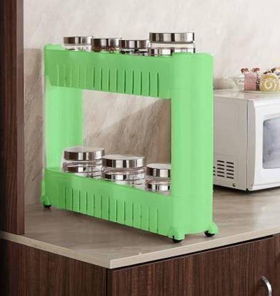 MECHON 2 Tier Kitchen Trolley, Easy-To-Move Slide Out Shelf Slim Rack Green Plastic Kitchen Trolley
