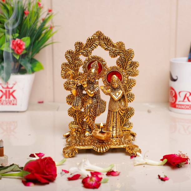 KridayKraft Radha Krishna Standing Playing Flute Metal Statue Gold Antique Finish for Pooja & Home,Office Decorative,Radha Krishna Murti Showpiece Figurines,Religious idol Gift Article... Decorative Showpiece - 18 cm