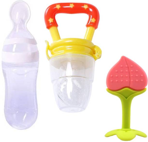 Kidsify Baby Cereal Rice Paste Squeeze Feeding Milk Bottle Food Feeder & Baby Fruit Nibbler Soother & Silicone Teether (Combo Pack)  - Silicone