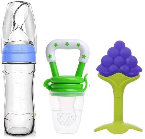 Kidsify Baby Cereal Rice Paste Squeeze Feeding Milk Bottle Food Feeder & Baby Fruit Nibbler Soother & Silicone Teether (Combo Pack)  - Silicone