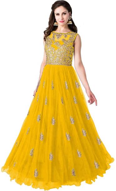 Semi Stitched Net/Lace Gown/Anarkali Kurta & Bottom Material Embroidered, Self Design Price in India