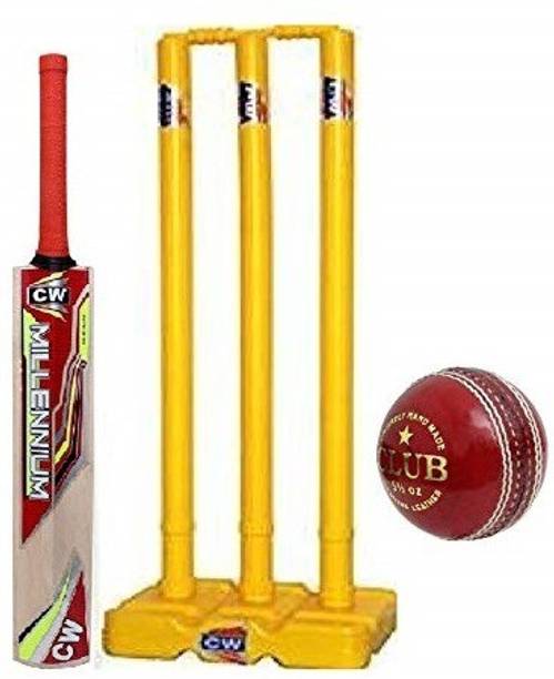 CW Winner Cricket Kit Plastic Wicket Stand Bails Kashmir Willow Bat F/S Club Ball Cricket Kit