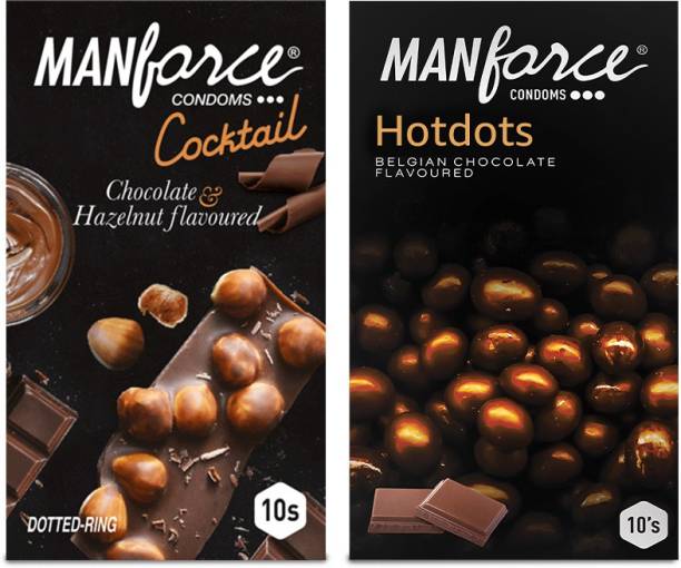 MANFORCE Premium Condoms (Hotdots Belgian Chocolate with Bigger Dots & Cocktail Chocolate + Hazelnut with Dotted Rings) Combo - 10s (Pack of 2) Condom