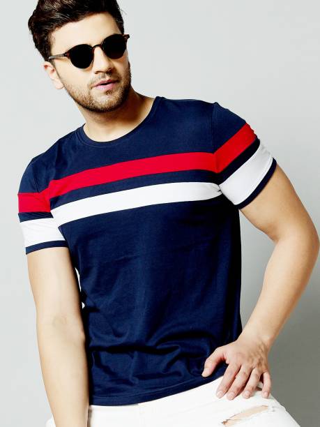 Men Colorblock Round Neck Cotton Blend Red, White, Blue T-Shirt Price in India