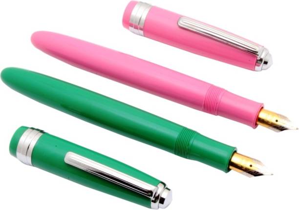 Ledos Ledos Set Of 2 - Click Falcon Eyedropper Pink &amp; Green Fountain Pens With Chrome Trims Pen Gift Set