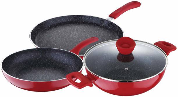 BERGNER Bellini Plus Pressed Non-Stick 4pcs including Kadhai with Lid 2.6 Liters, Tawa 28 cm, Frypan 24 cm, Red & Black इंडक्शन बॉटम कुकवेयर सेट