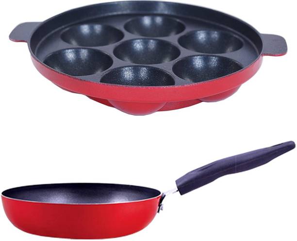 NIRLON Non-Stick Cookware Gas Stove Compatible Appam patra & Pan-2 Pcs Combo Set ,Red Non-Stick Coated Cookware Set