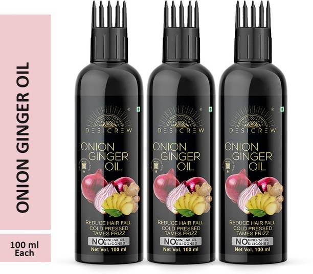 100 % Pure Onion Ginger Oil - WITH COMB APPLICATOR - Cold Pressed - For Hair Fall Control . Re-Growth Formula 100 ML Pack Of 3 Bottle 300 ml Hair Oil