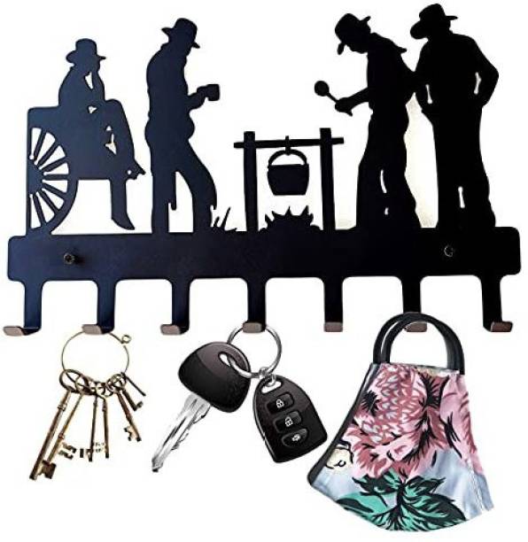 ATOM Campfire Metal Key Holder | Rack Leash Hanger for Room Kitchen or Garage Wall Decor Organizer Home | 7 Hooks, 10.6 x 6.15 x 08 INCH, Color- Black Iron Key Holder