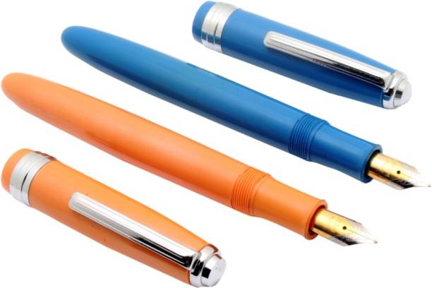 Ledos Ledos Set Of 2 - Click Falcon Eyedropper Orange &amp; Blue Fountain Pens With Chrome Trims Pen Gift Set