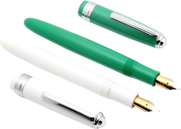 Ledos Ledos Set Of 2 - Click Falcon Eyedropper Green &amp; White Fountain Pens With Chrome Trims Pen Gift Set