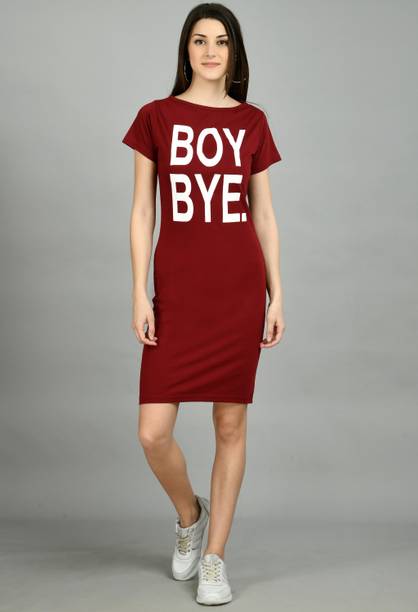 AAYU Women T Shirt Maroon Above Knee/Mid Thigh Length Dress