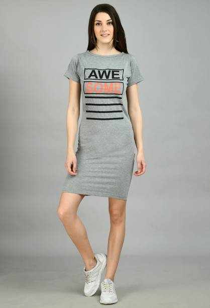 AAYU Women T Shirt Grey Above Knee/Mid Thigh Length Dress