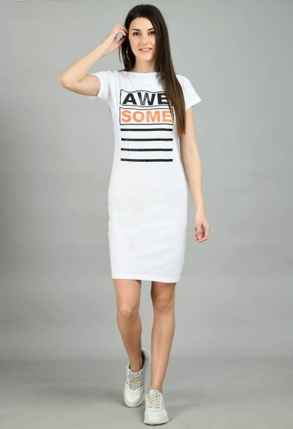 AAYU Women T Shirt White Above Knee/Mid Thigh Length Dress