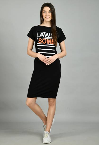 AAYU Women T Shirt Black Above Knee/Mid Thigh Length Dress