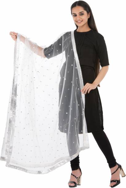 Net Embellished Silver, White Women Dupatta