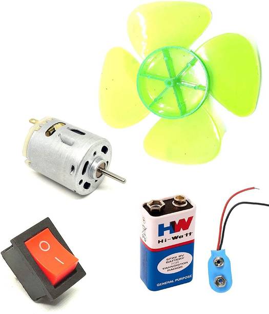 ERHIndia 1Pcs DC Motor 27x33mm + 4 inch 4 Blade Fan + Rocker Switch + 9V Battery Hobby DIY Science Project Kit Educational Electronic Hobby Kit