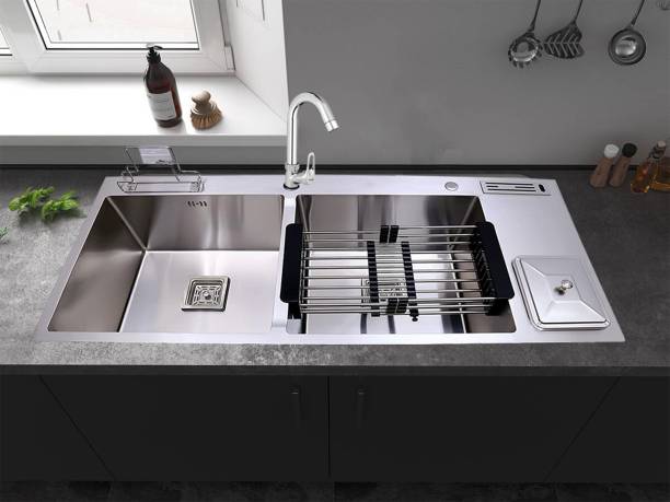 Prestige (45x20x10 Inch) 304 Grade Stainless Steel Satin Finish Double Bowl Dustbin With Tap Hole Handmade Kitchen Sink Vessel Sink