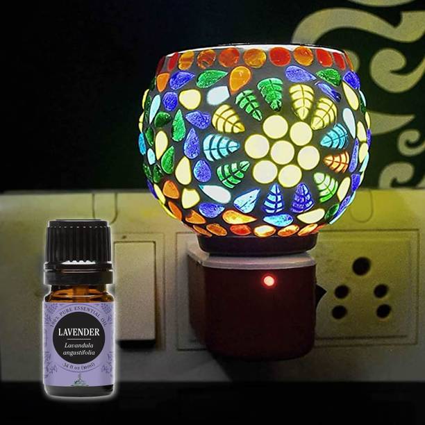 CraftQua Lavender Aroma Oil Diffuser Set Electric Glossy Multipurpose Ceramic Aroma Oil Diffuser/Kapoor Dani/ 2in1 Camphor Burner with Switch (in-Built On/Off Button for Heating) Hand-Crafted Incense Burner for Home, Office, Temple, Positive Energy and Ambiance (B17-03) with Lavender Aroma Oil 10ml