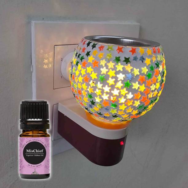 FStyler Mischief Diffuser Set Electric Glossy Multipurpose Ceramic Aroma Oil Diffuser/Kapoor Dani/ 2in1 Camphor Burner with Switch (in-Built On/Off Button for Heating) Hand-Crafted Incense Burner for Home, Office, Temple, Positive Energy and Ambiance (B01-04) with Mischief Aroma Oil 10ml