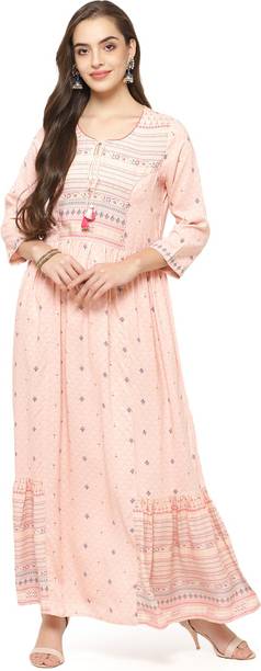 RANGRITI Printed Viscose Rayon Anarkali Kurta for Women Red