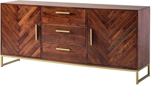 G Fine Furniture Wooden Sideboard Cabinets for Living Room | 3 Drawers & 2 Cabinet Storage | Acacia Wood & Iron, Agra Brown Solid Wood Free Standing Sideboard
