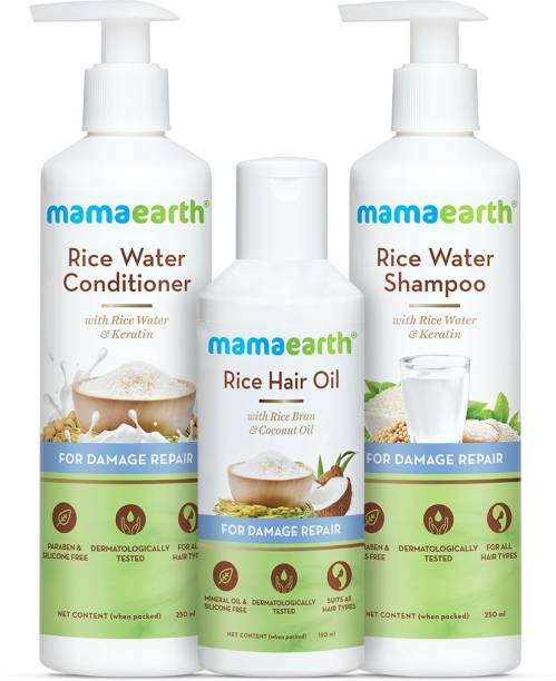 MamaEarth Hair Damage Repair Kit - Rice Water Shampoo 250ml + Rice Water Conditioner 250ml + Rice Water Hair Oil 150ml