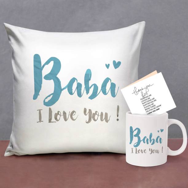 TIED RIBBONS Fathers Day Gift for Dad Printed Cushion with Filler (12 x 12 Inch), Coffee Mug (325 ml) and Greeting Card Microfibre, Ceramic Gift Box