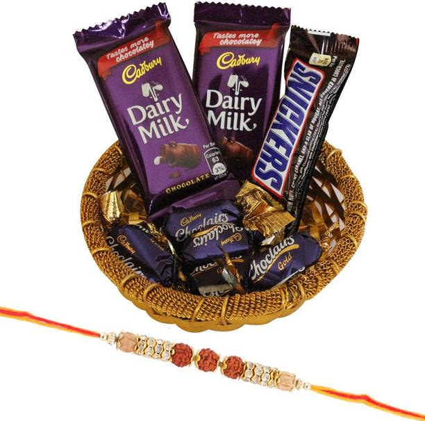 Cadbury Chocolate Celebration Hamper With Beautiful Rudraksh Rakhi | 3 Rudraksha Rakhi For Brother | Chocolate Gift For Rakhi | Rakhi Gift | 3RDR64 Combo