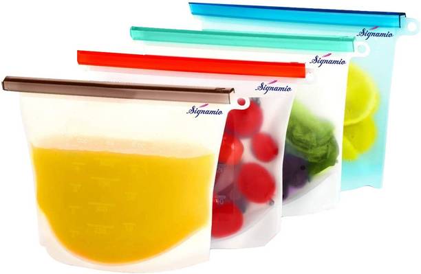 Signamio Silicone 1000 ml/1 LTR Food Storage Bags, Resealable Bag, Sandwich Bags, Zip Top for Stand Up Freezer and Fridge Storage, Microwavable, Vegetable Bag-SR-511 Multicolor- 4 Pcs Silicone Storage Pouch