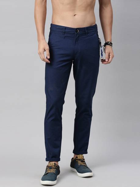 Men Regular Fit Blue Pure Cotton Trousers