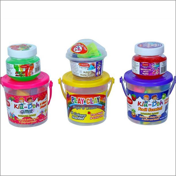 Rabbit Kid Play Doh Glitter Bucket + Fruit Scented Bucket +Play Clay 8 Color Bucket +Play Sand box 100g+Play Slime Neon 100g + Metallic 100gm for Kids Pack of 6|Play Doh Clay|Play Doh Slime|Sand Slime