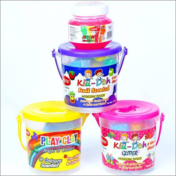 Rabbit PLAY CLAY 8 COLOR BUCKET + PLAY DOH GLITTER BUCKET + PLAY DOH FRUIT SCENTED BUCKET + PLAY SLIME NEON 100G COMBO OF 4 | Play doh& clay for kids | Modelling Clay & Dough For Childrens | play with
