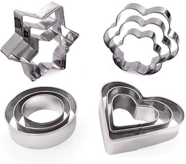 Cloudzy Cookie Cutter Shapes Set of 12 with 4 Different Shapes Stainless Steel Dough Shaper for Kids Sugarcraft Flower, Heart, Round and Star Mould Baking Tools for Diwali & Christmas (3 Sizes) Cookie Cutter