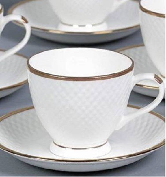 Sash Pack of 12 Opalware Bone China bp bharat bone china Latest new dimond Design tableware diamond gold line white cup saucer set