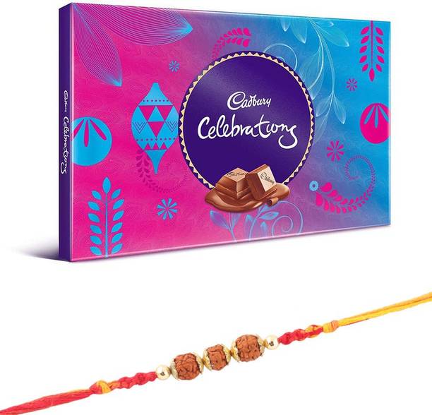 Cadbury Celebration Chocolate Hamper | Designers Rudraksha Rakhi With Chocolate Gift For Brother | Roli, Chawal, Chandan, Misri | 3SRDR9 Combo