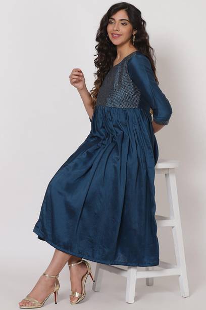 RANGRITI Solid Polyester Gown Kurta for Women Blue