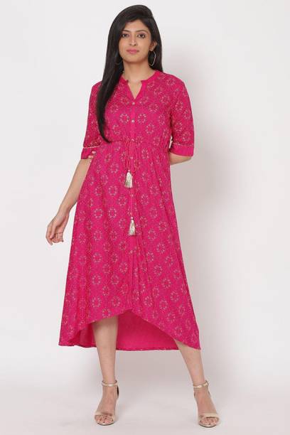 RANGRITI Printed Viscose Rayon Gown Kurta for Women Pink