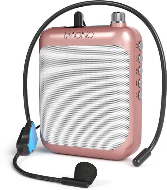 MAONO AU-C01 Portable Rechargeable Voice Amplifier with FM Radio, LED Display, Wired Headband Microphone, Speaker and Waistband, Support MP3/TF Card (Rose Gold) Microphone