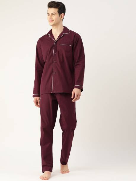Hancock Men Solid Maroon Shirt & Pyjama set
