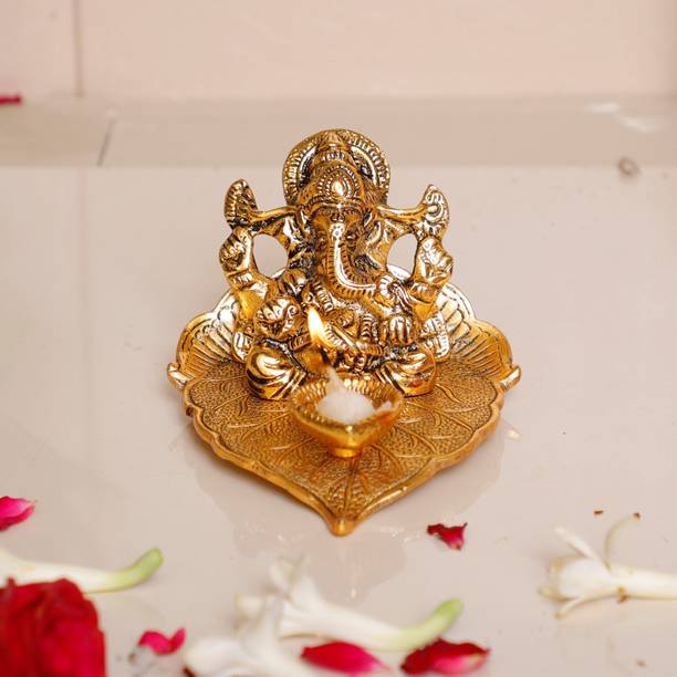KridayKraft Metal Ganesha Statue with Diya,Ganpati Murti Religious Idol for Pooja Room & Decor Your Home, Office,Gift Your Relatives on Diwali,Wedding,Birthday... डेकोरेटिव शोपीस  -  9 cm