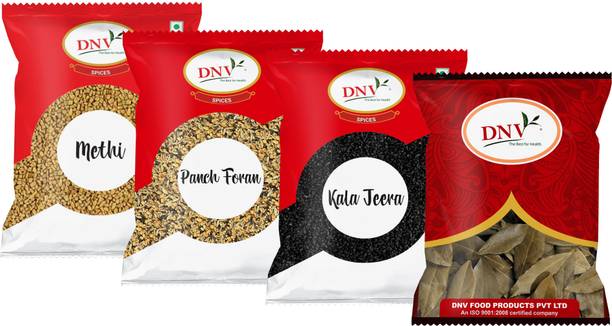 DNV Fresh Whole Spices Combo Pack 400gm (Kala Jeera 100gm, Methi 100gm, Panch Foran 100gm & Tej Patta 100gm) for Cooking Daily Food Essential