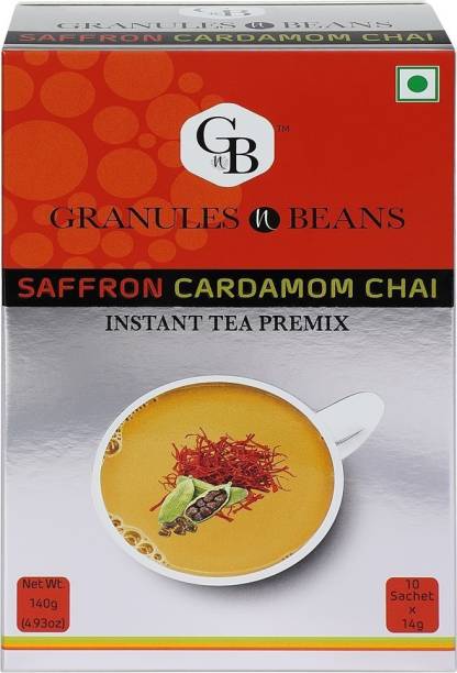 Granules and Beans Saffron Cardamom Tea Instant Premix | Kesar Elaichi Chai Premix for Immunity & Freshness | 10 Sachtes of 14gms Each instant Chai Saffron, Cardamom Instant Tea Box