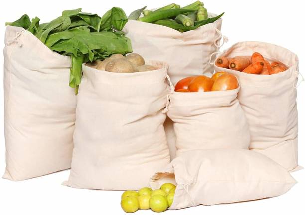 Rumee 100% Cotton Reusable Fridge Storage Bags for Vegetables and Fruits Pack of 12 Grocery Bags
