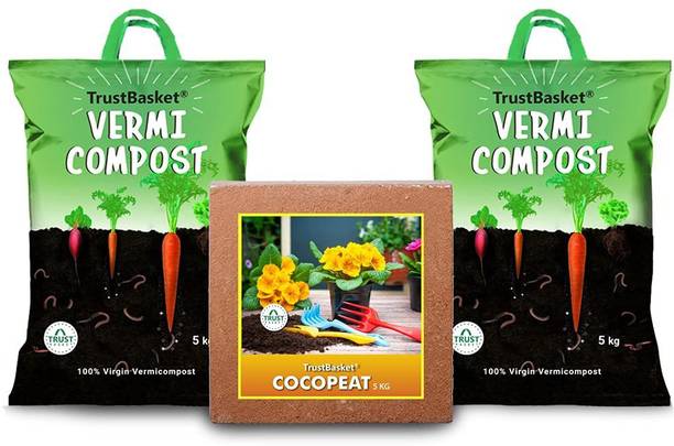 TrustBasket Organic Manure Combo of Vermicompost 10kg and Cocopeat 5kg for All Type Plants Potting Mixture
