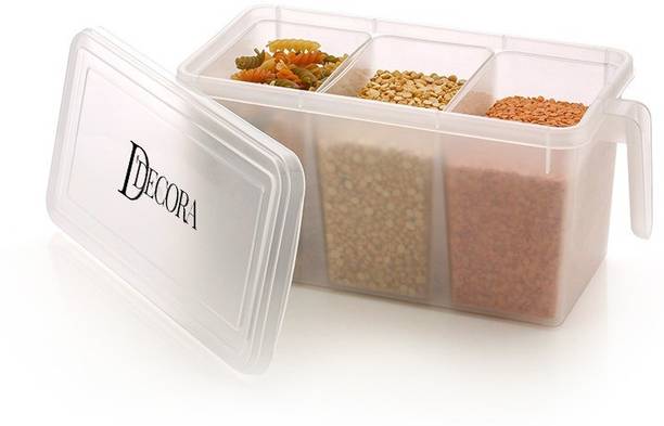DDecora Fridge Storage Pack of 1 Refrigerator Organizer Container Square Handle Food Storage Organizer Boxes - Clear with Lid, Handle and 3 Smaller Bins  - 1200 ml प्लास्टिक फ्रिज कंटेनर