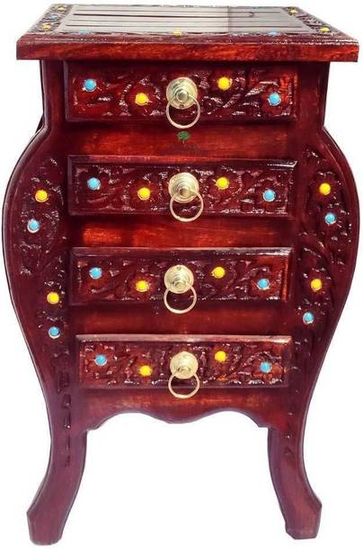 Smarts collection Handmade Bedside Table Floral Carved End Table for Bedroom and Living Room with 4 Drawers Solid Wood Side Table