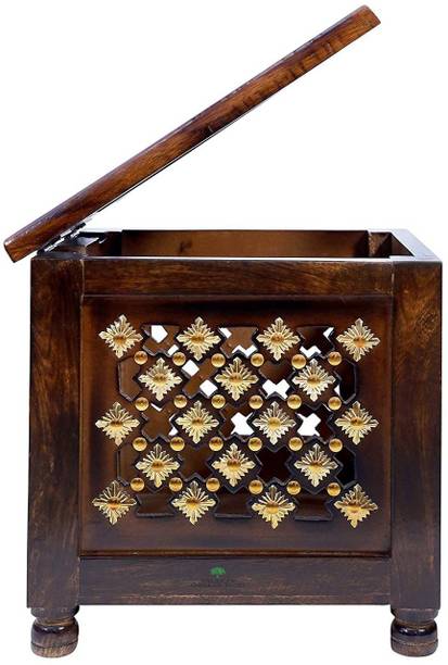 Smarts collection Beautiful Antique Wooden Handmade Stool with Brass Cutting Design Storage Stool for Living Room and Bedroom Furniture (Brown,12 X 12 X 12 Inches) Solid Wood Side Table
