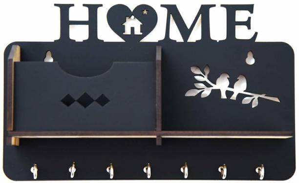 Kaynka Key Holder for Wall Decor Wooden Hanger Hook Stand for Home (7 Hooks, Black) Wood Key Holder