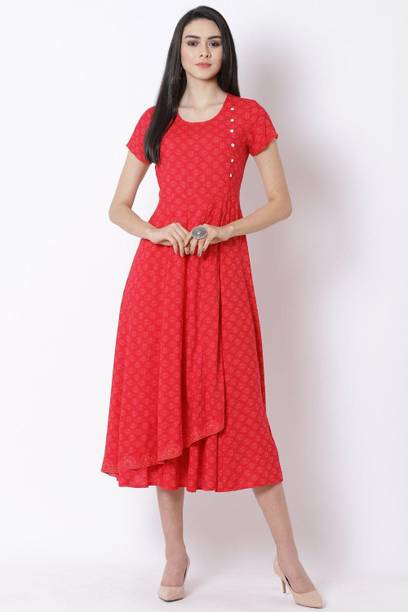 RANGRITI Printed Viscose Rayon Gown Kurta for Women Red